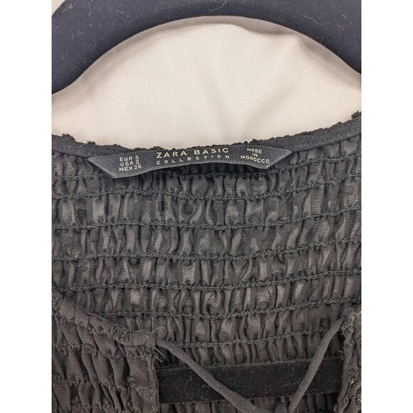 Zara Flare Blouse S Black Draped Loose Fit Tie Front Smocked Pleated Flounce Top - Picture 3 of 11